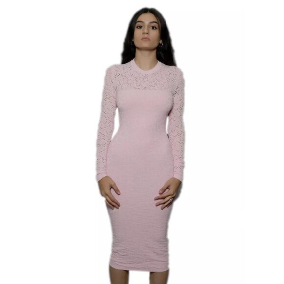 Versace Knit Lace Distressed Bodycon Dress Long Sleeve Full Length Pink 38 - Picture 8 of 13